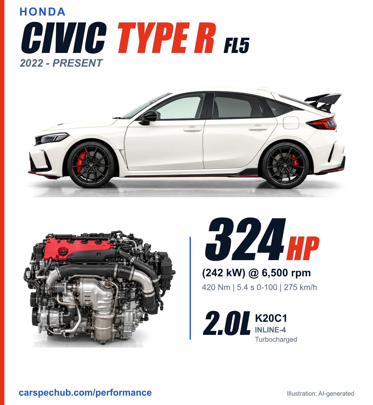 Honda Civic Type R spec card: 324 hp, 420 Nm, 2.0-litre K20C1