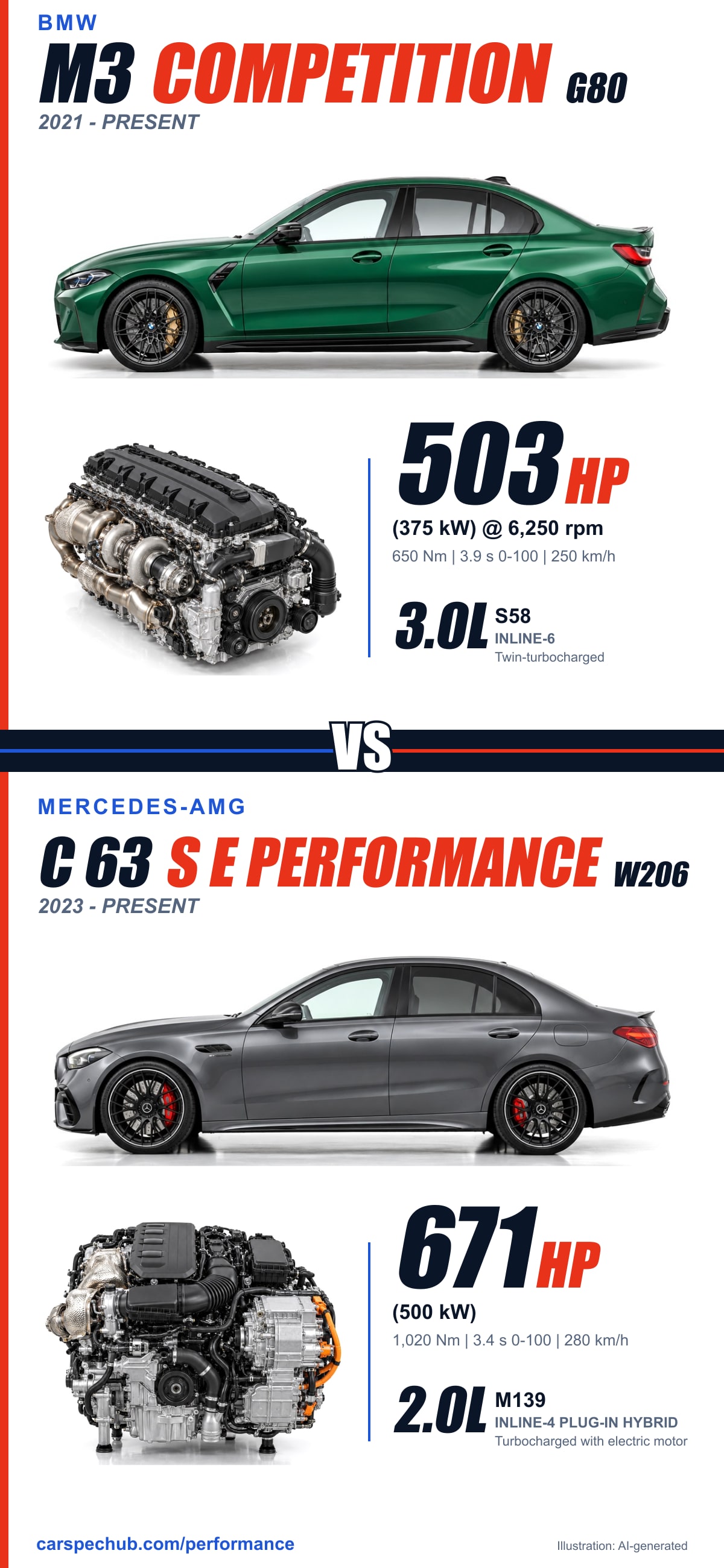 BMW M3 Competition vs Mercedes-AMG C 63 S E Performance spec card