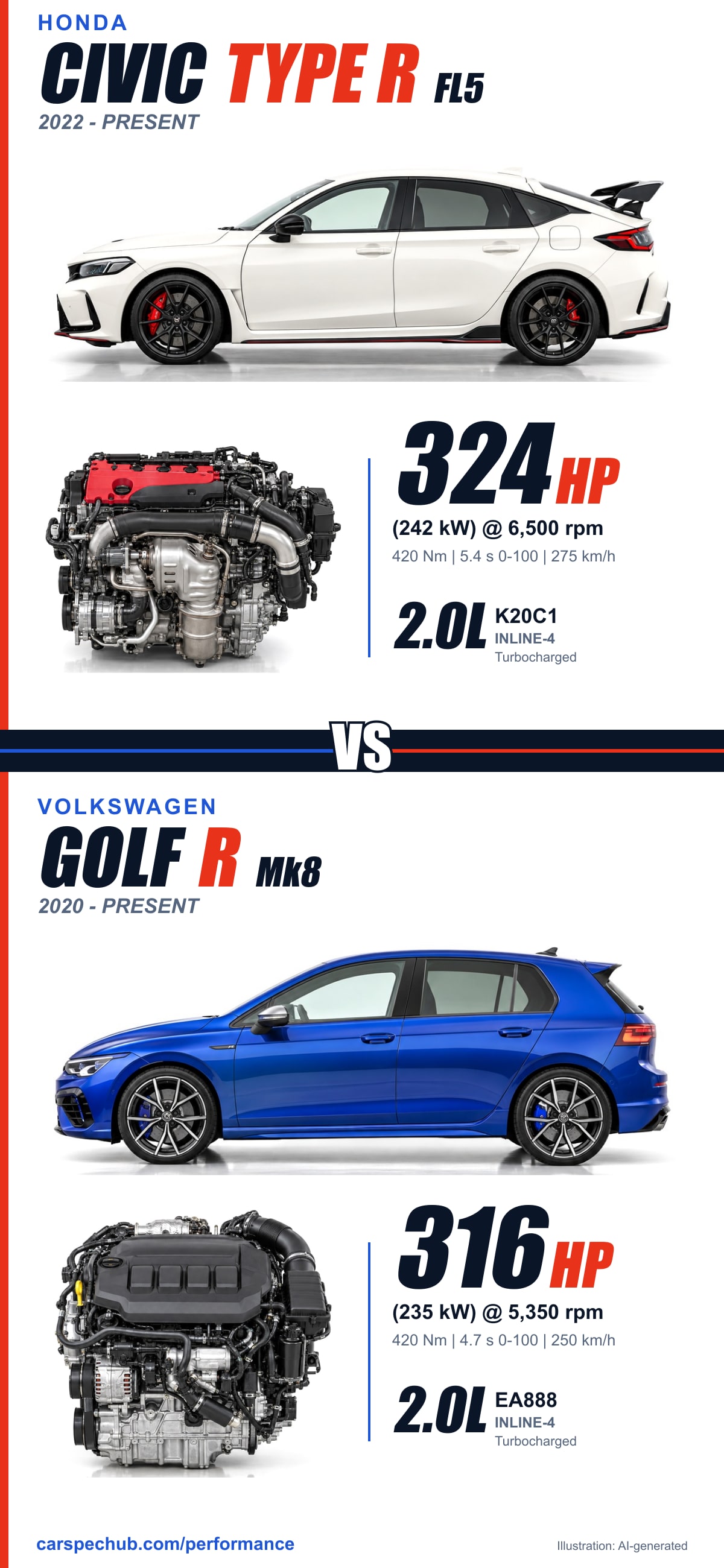 Honda Civic Type R vs Volkswagen Golf R spec card