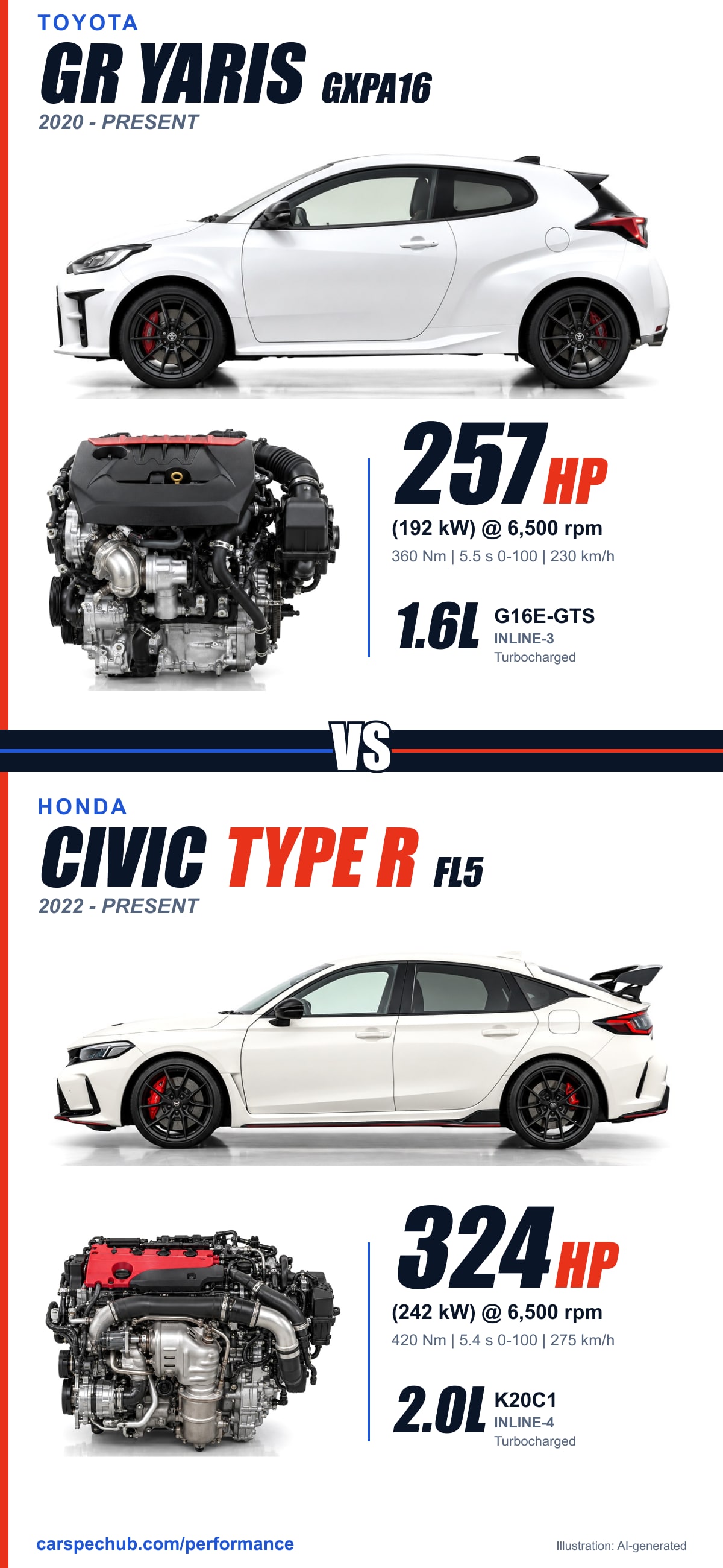 Toyota GR Yaris vs Honda Civic Type R spec card